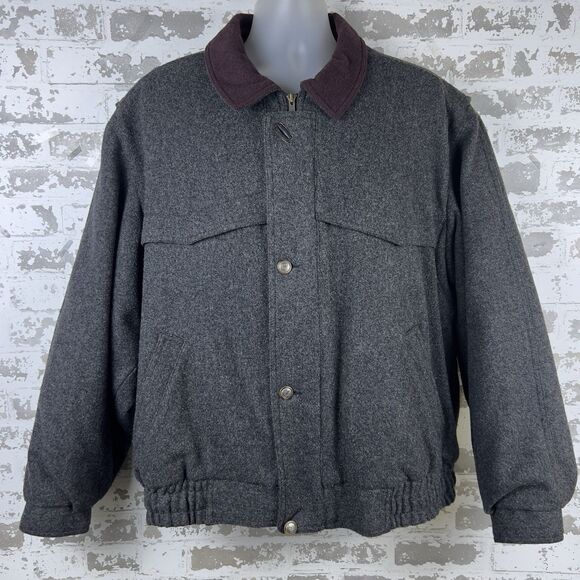 Members Only Wool Bomber‎ Jacket Men’s 46 (XL) Gray Purple Black Leather Patches - Picture 1 of 15